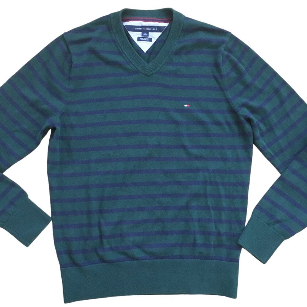 TOMMY HILFIGER 100% Pima Cotton Striped Lightweight V-neck Sweater  MEN'S S